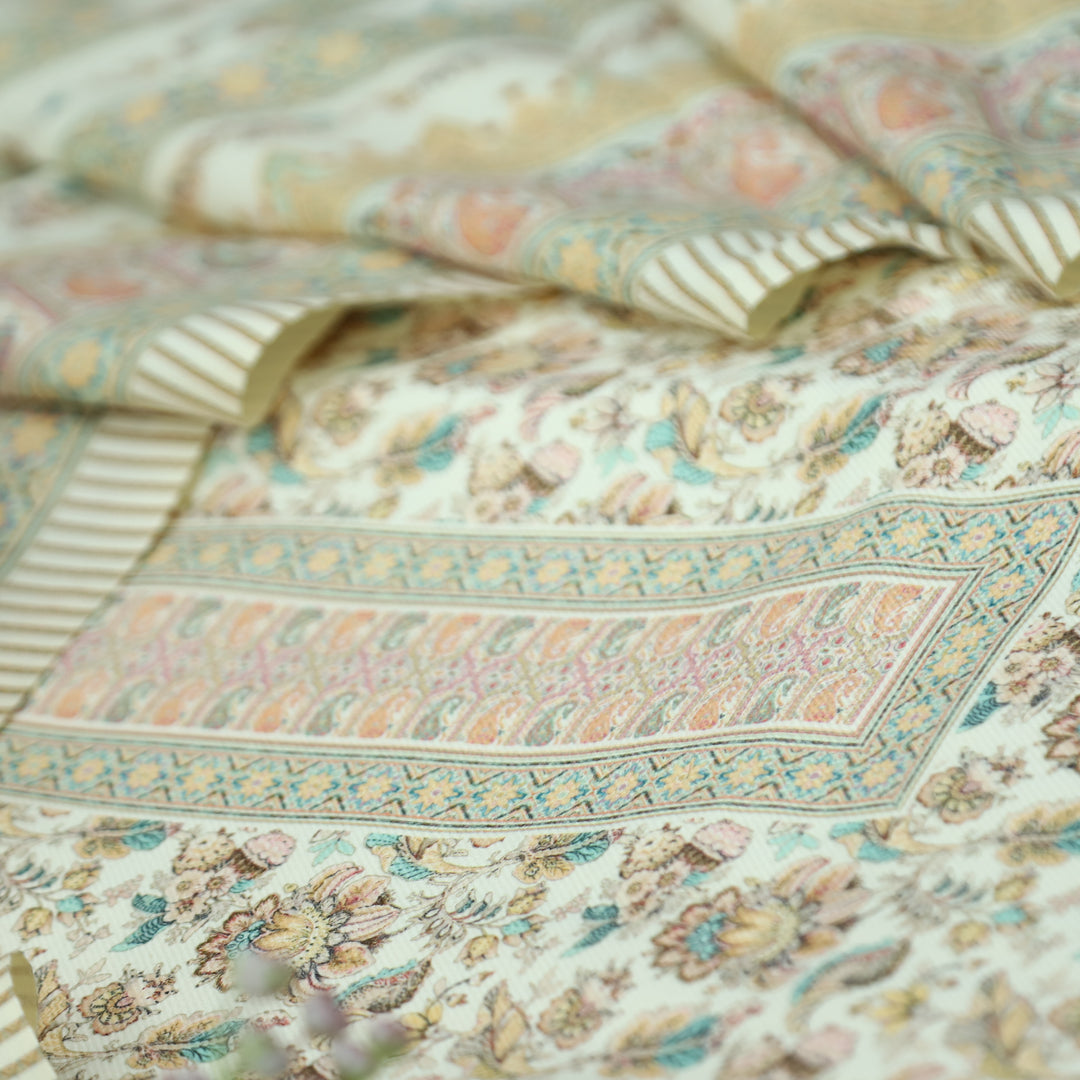 खुशी Cream White with Butter Yellow Kanni Digital Printed Semi Pashmina Winter Set