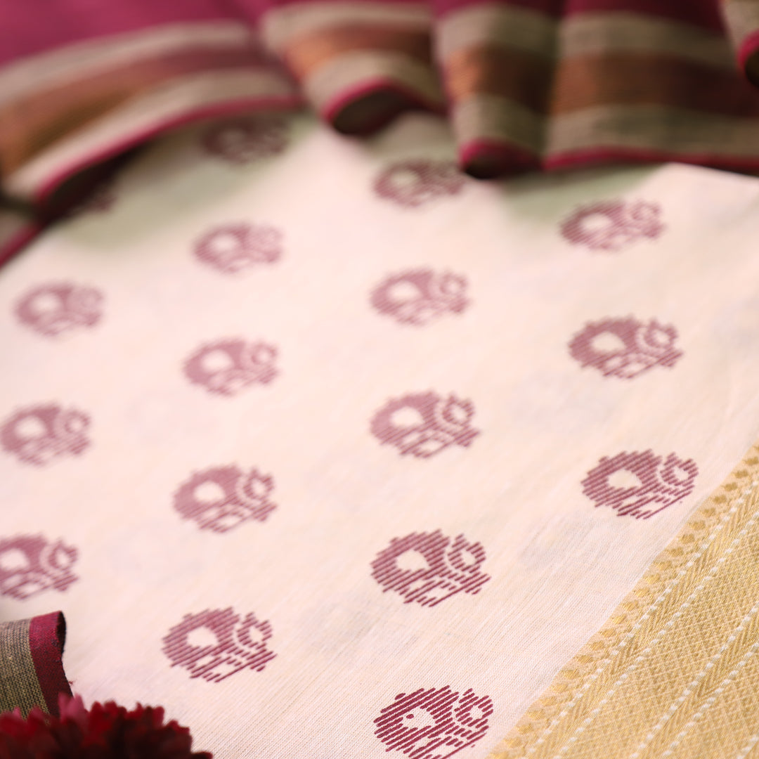 Chaahat Base Cream with Wine Pigment Printed Mangalgiri Hem South Cotton Set