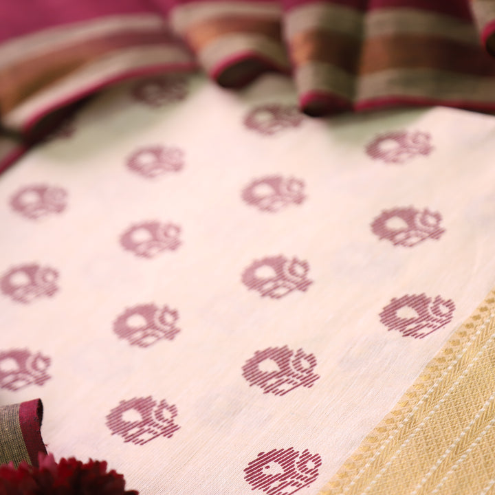 Chaahat Base Cream with Wine Pigment Printed Mangalgiri Hem South Cotton Set