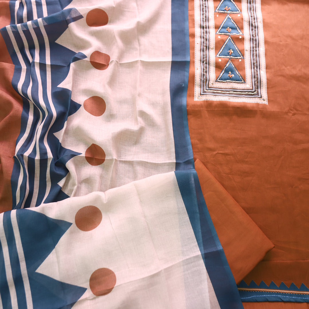 Bansi Burnt Rust Kardana with Printed Yoke and Hem Glazed Cotton Set