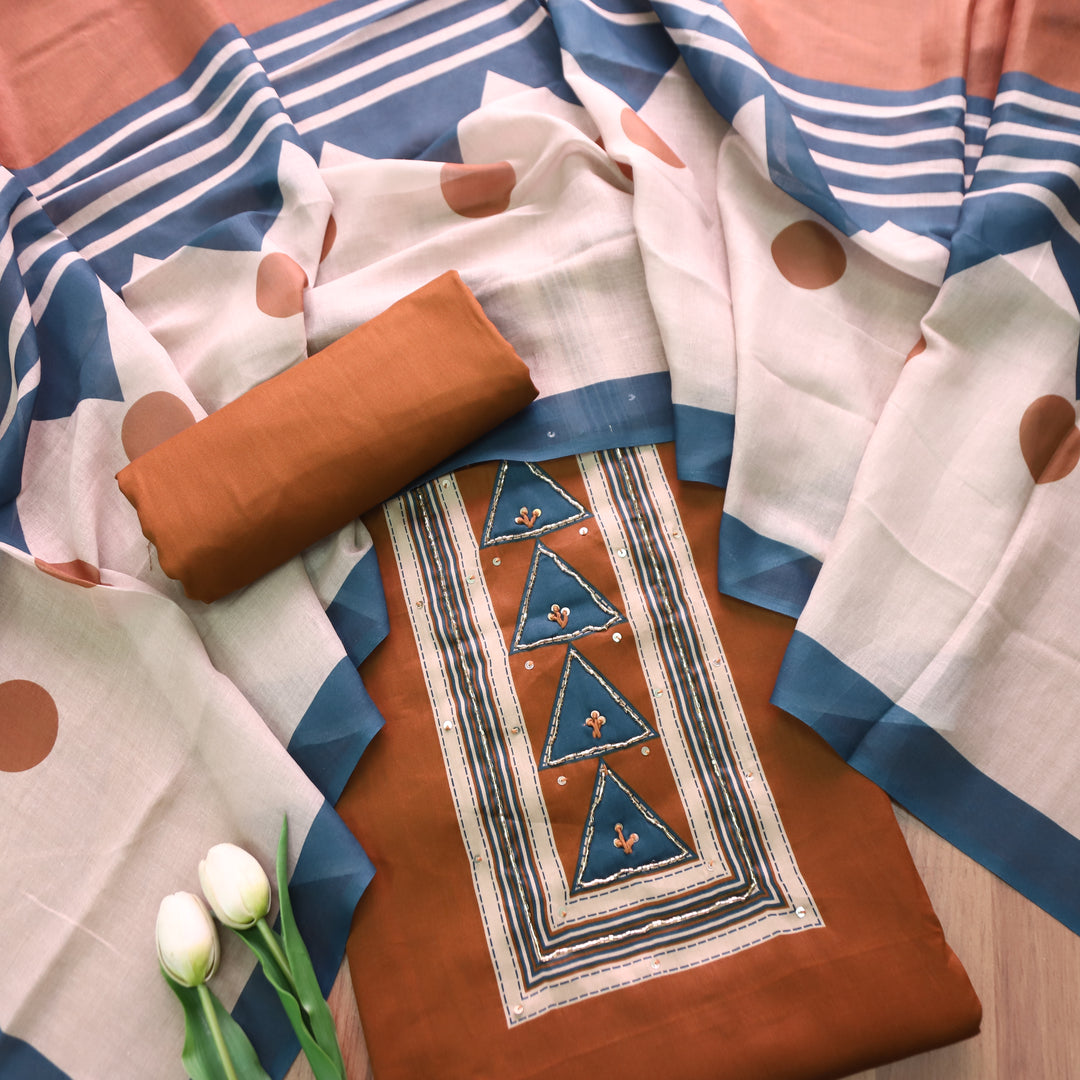 Bansi Burnt Rust Kardana with Printed Yoke and Hem Glazed Cotton Set