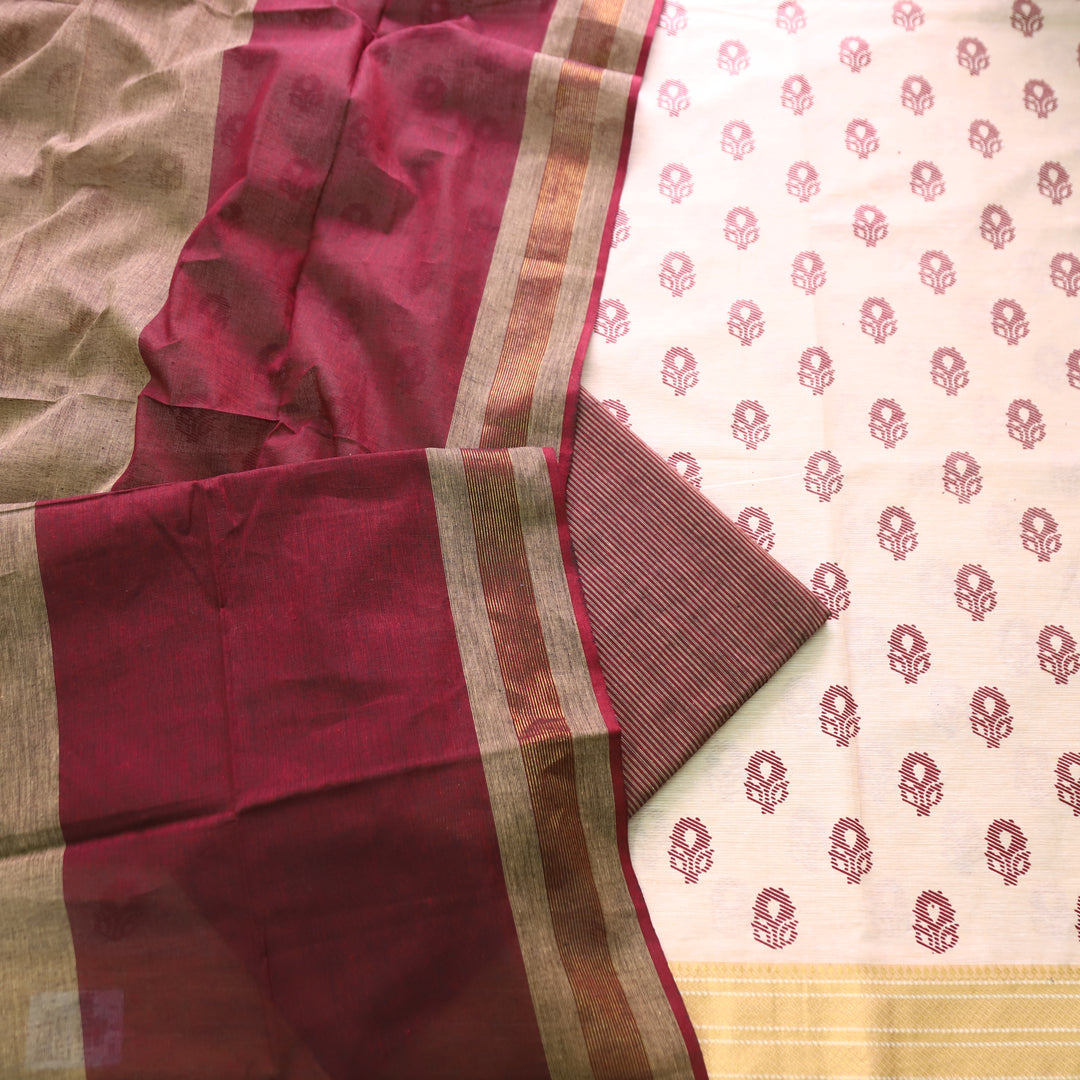 Chaahat Base Cream with Wine Pigment Printed Mangalgiri Hem South Cotton Set