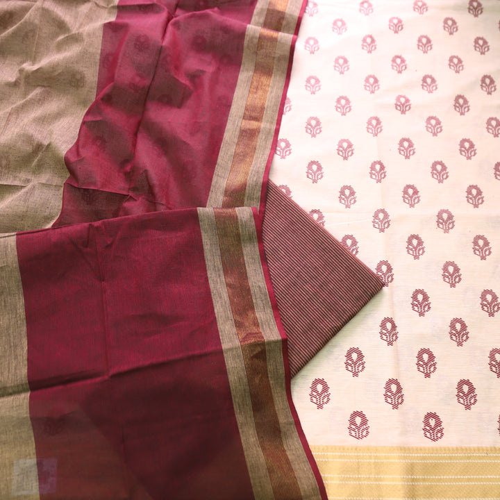 Chaahat Base Cream with Wine Pigment Printed Mangalgiri Hem South Cotton Set