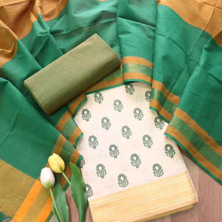 Chaahat Base Cream with Green Pigment Printed Mangalgiri Hem South Cotton Set