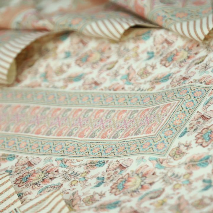 खुशी Cream White with Soft Peach Kanni Digital Printed Semi Pashmina Winter Set