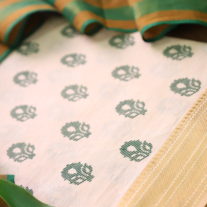 Chaahat Base Cream with Green Pigment Printed Mangalgiri Hem South Cotton Set