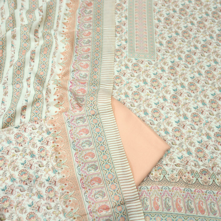 खुशी Cream White with Soft Peach Kanni Digital Printed Semi Pashmina Winter Set