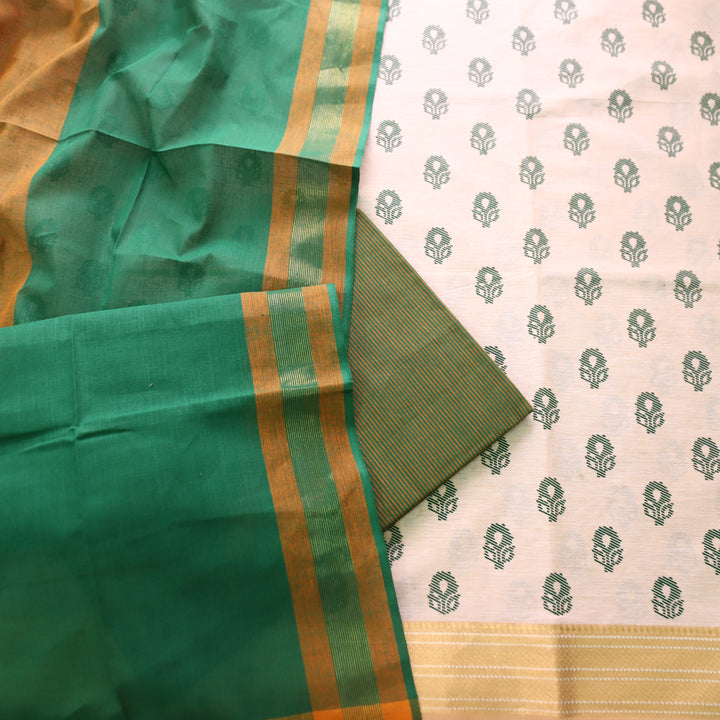Chaahat Base Cream with Green Pigment Printed Mangalgiri Hem South Cotton Set
