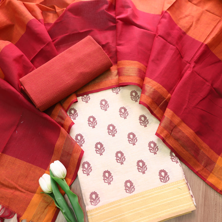 Chaahat Base Cream with Red Pigment Printed Mangalgiri Hem South Cotton Set