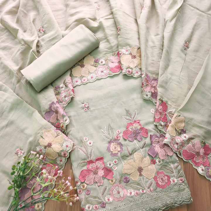 Mannat Sage Green Thread Embroidered Hem Mul Chanderi Set
