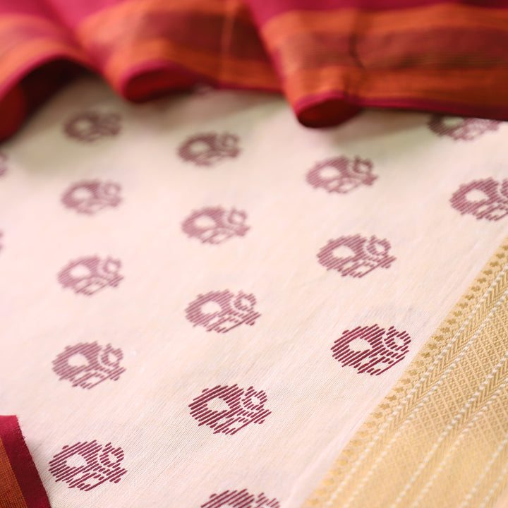 Chaahat Base Cream with Red Pigment Printed Mangalgiri Hem South Cotton Set