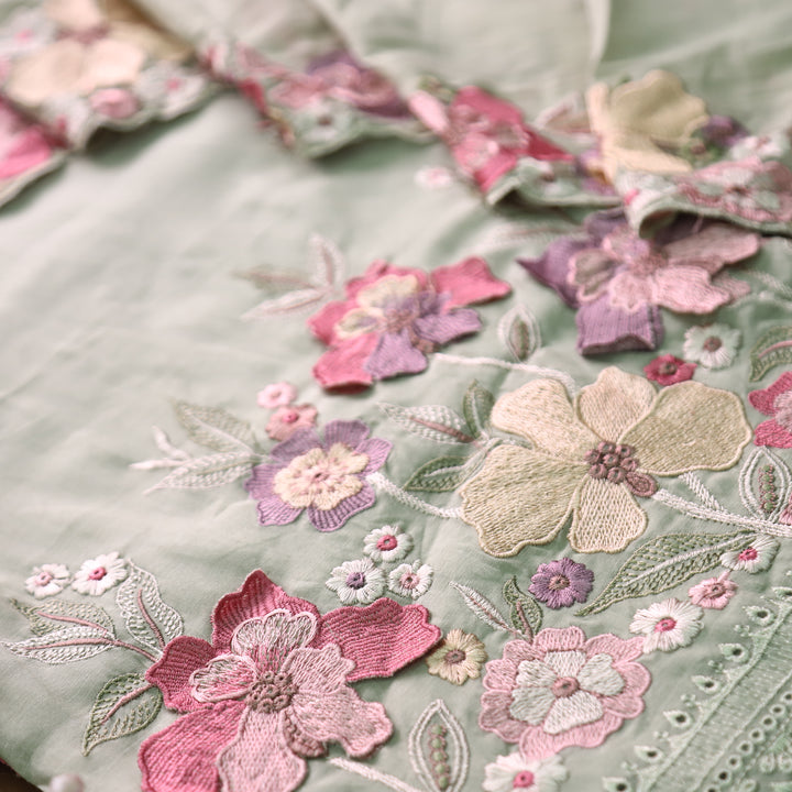 Mannat Sage Green Thread Embroidered Hem Mul Chanderi Set