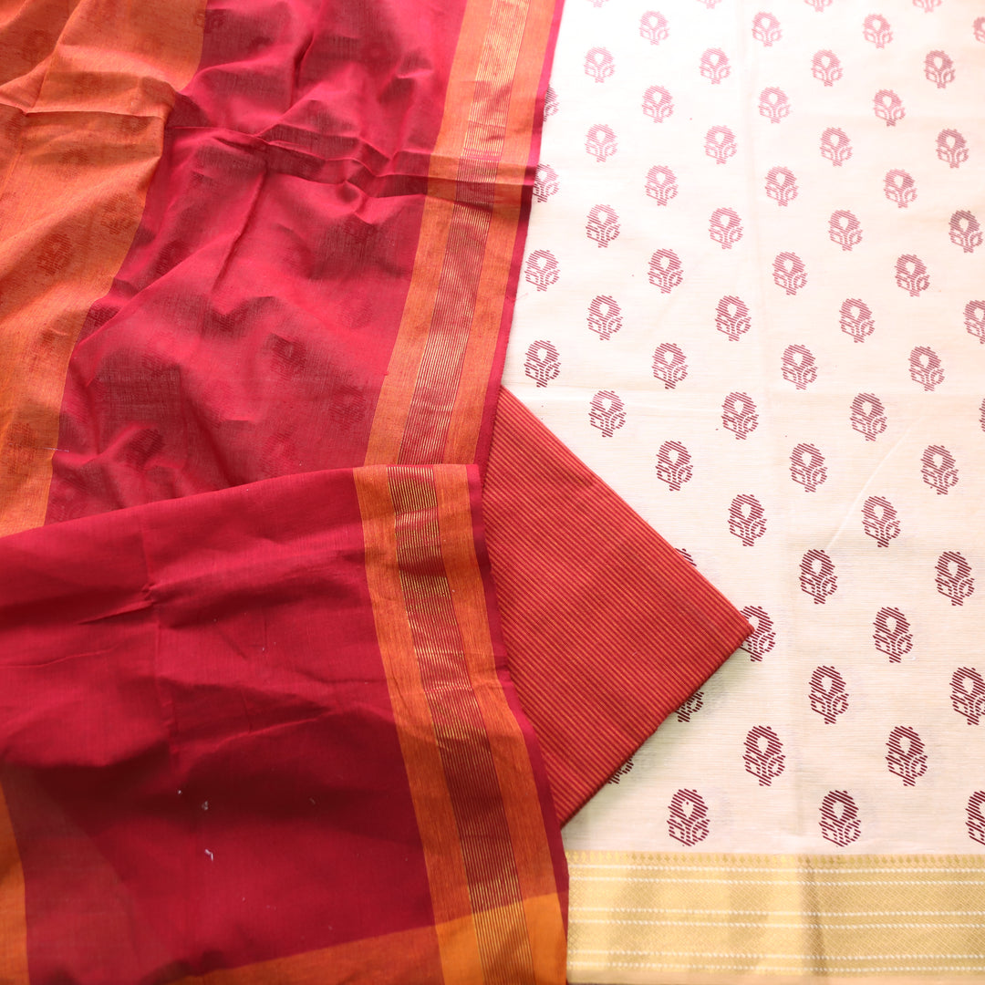 Chaahat Base Cream with Red Pigment Printed Mangalgiri Hem South Cotton Set