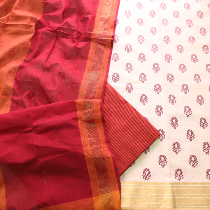 Chaahat Base Cream with Red Pigment Printed Mangalgiri Hem South Cotton Set