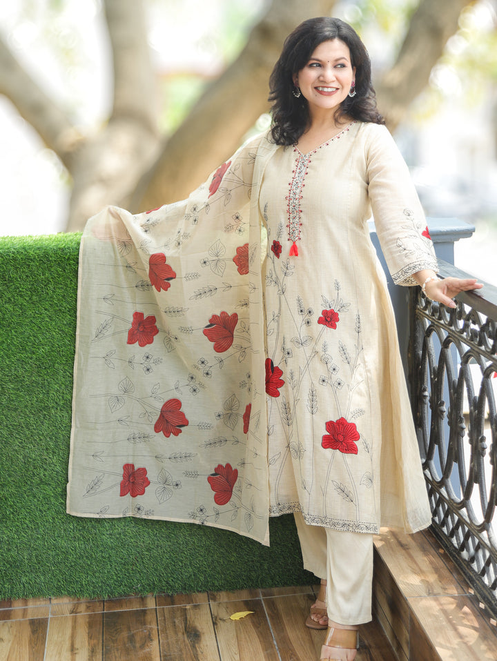 Shifali Beige Embroidered Chanderi 3 Piece Set