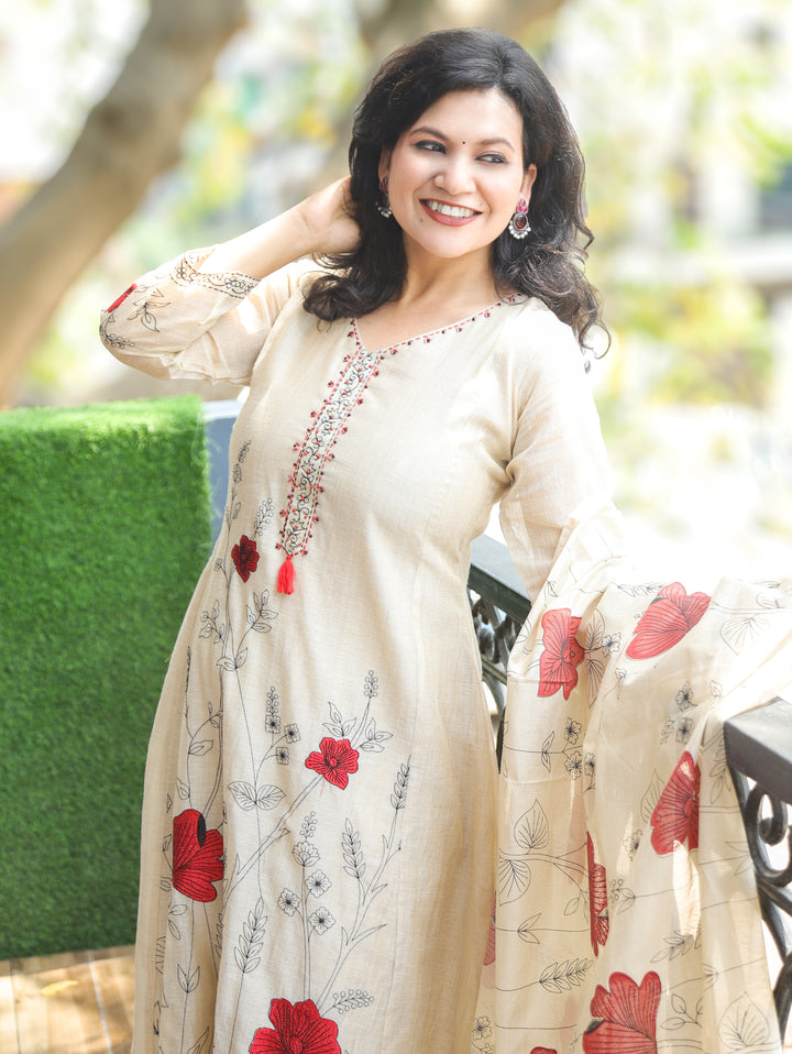 Shifali Beige Embroidered Chanderi 3 Piece Set