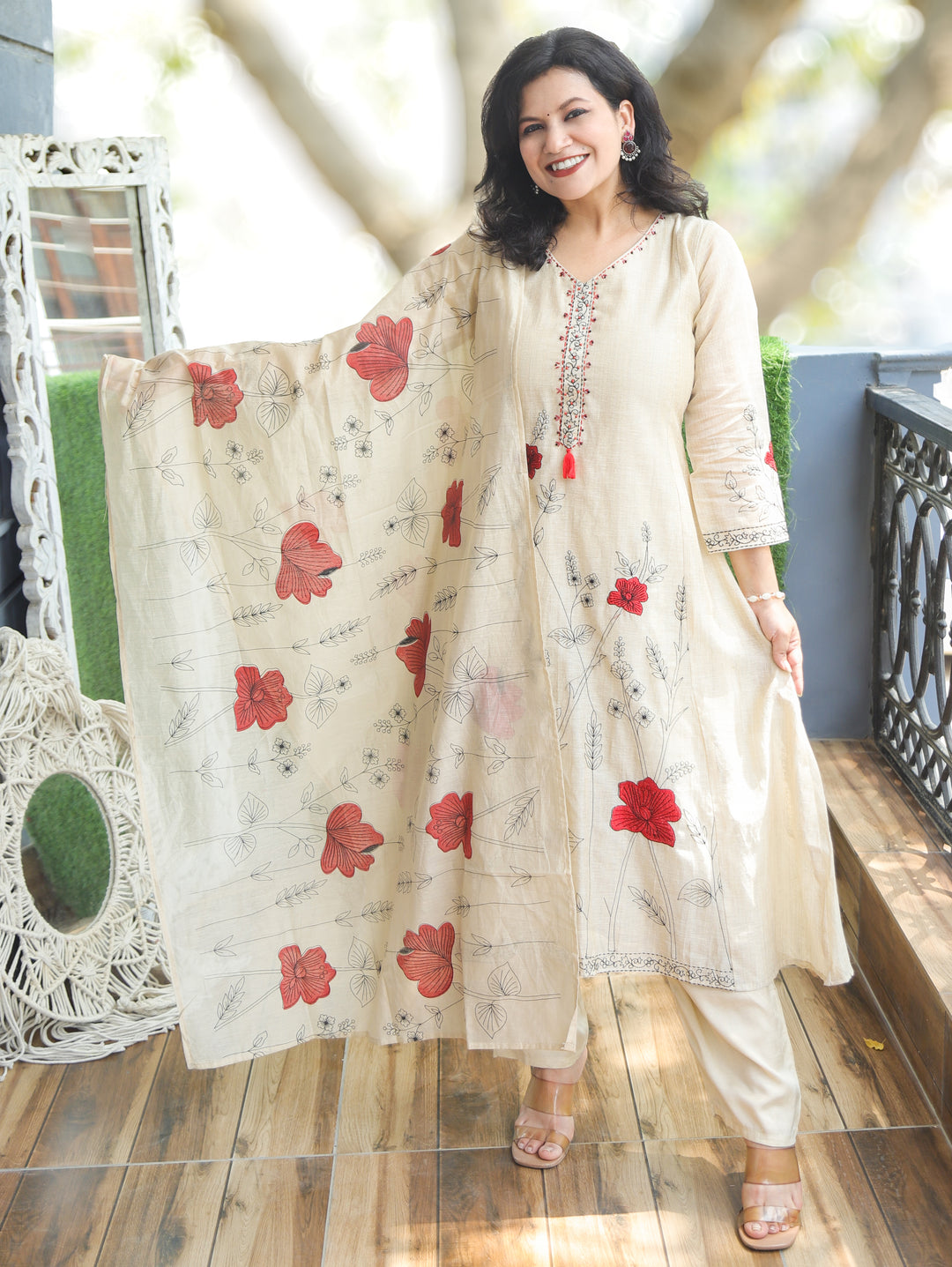 Shifali Beige Embroidered Chanderi 3 Piece Set