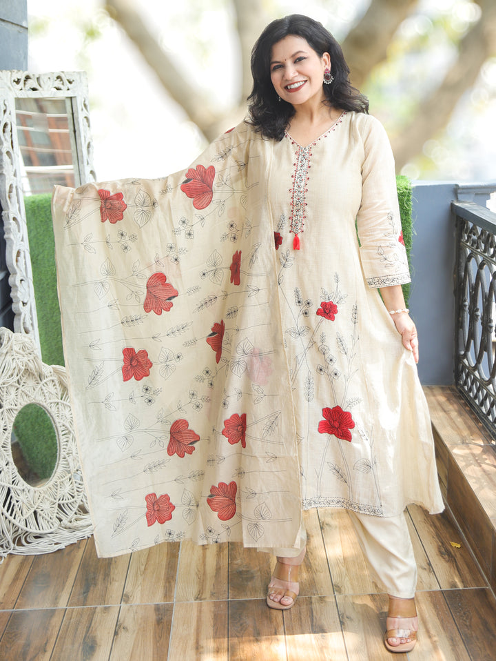 Shifali Beige Embroidered Chanderi 3 Piece Set