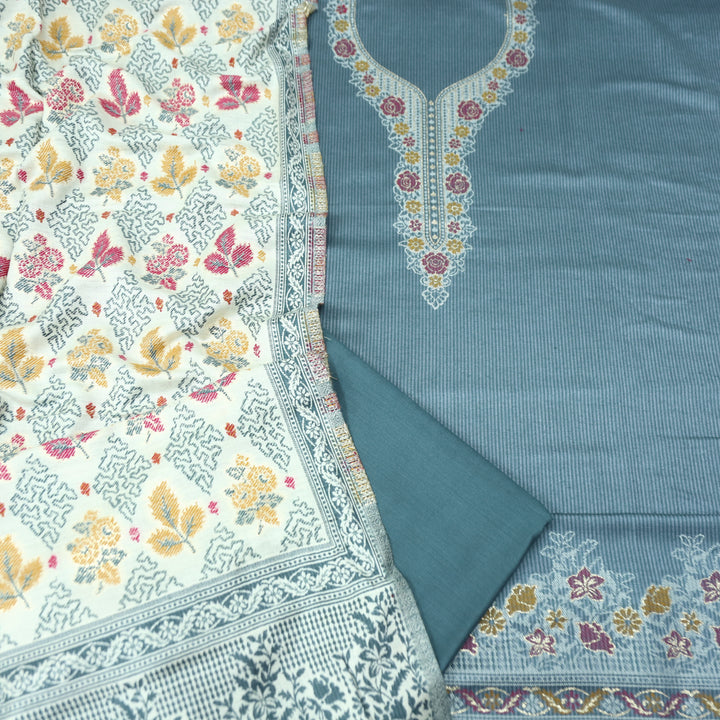 सोनिया Slate Grey Thread Weaved with Zari Work Semi Pashmina Winter Set