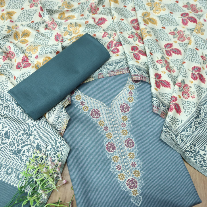 सोनिया Slate Grey Thread Weaved with Zari Work Semi Pashmina Winter Set