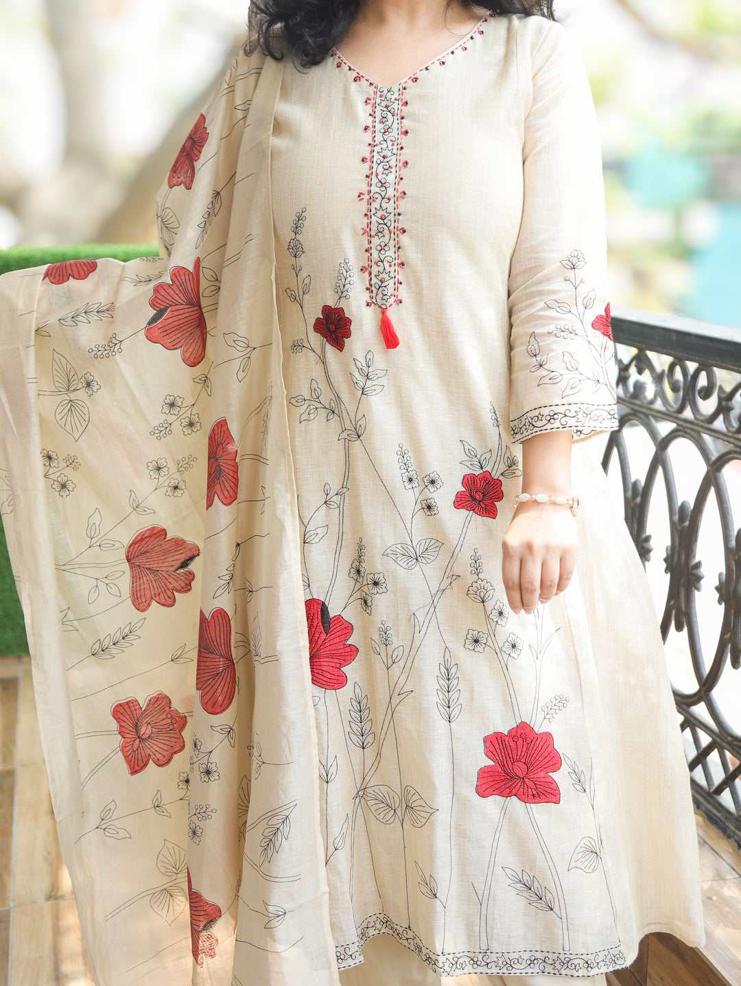Shifali Beige Embroidered Chanderi 3 Piece Set