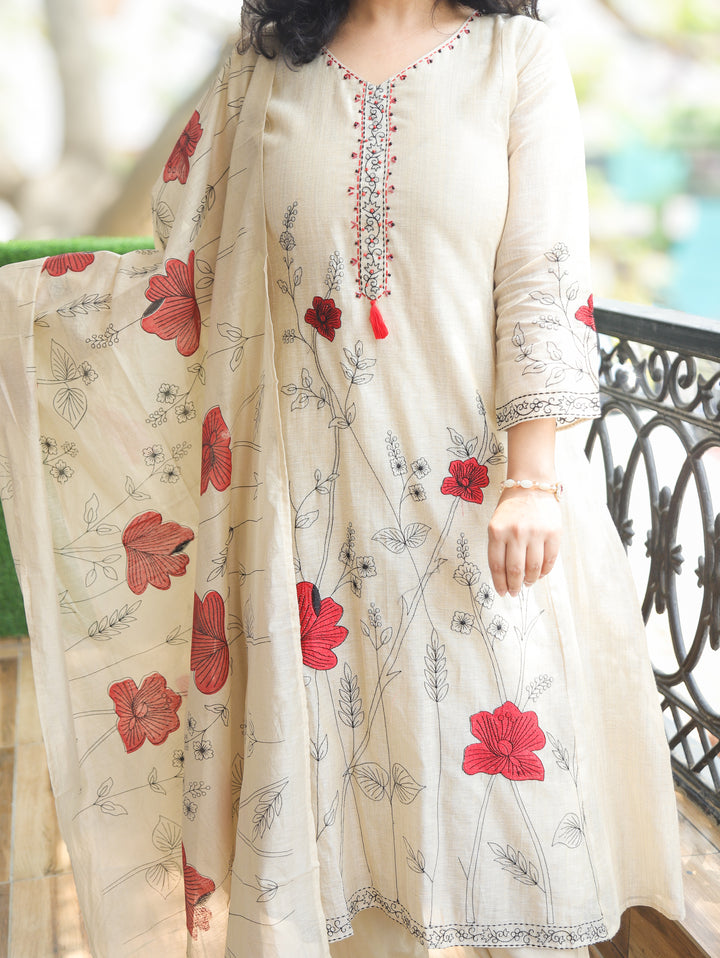 Shifali Beige Embroidered Chanderi 3 Piece Set