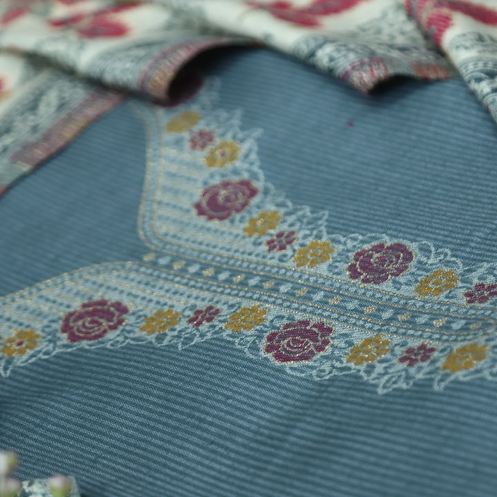 सोनिया Slate Grey Thread Weaved with Zari Work Semi Pashmina Winter Set