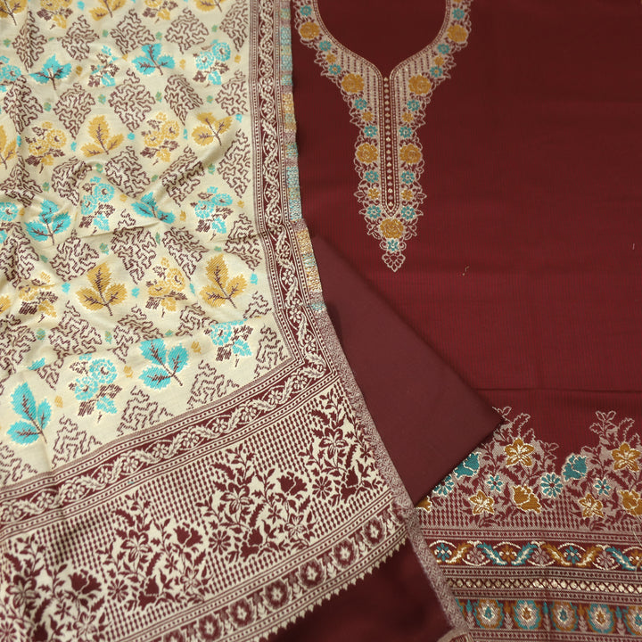 सोनिया Maroon Red Thread Weaved with Zari Work Semi Pashmina Winter Set