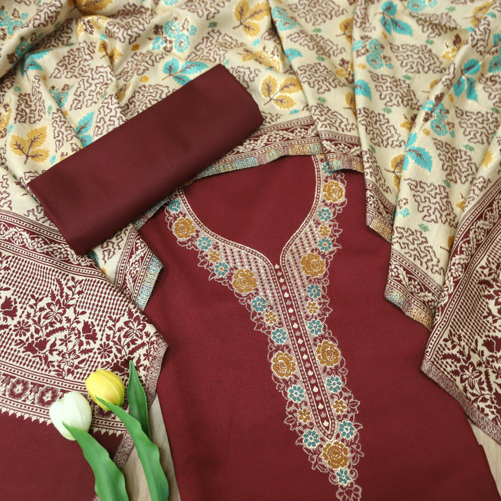 सोनिया Maroon Red Thread Weaved with Zari Work Semi Pashmina Winter Set