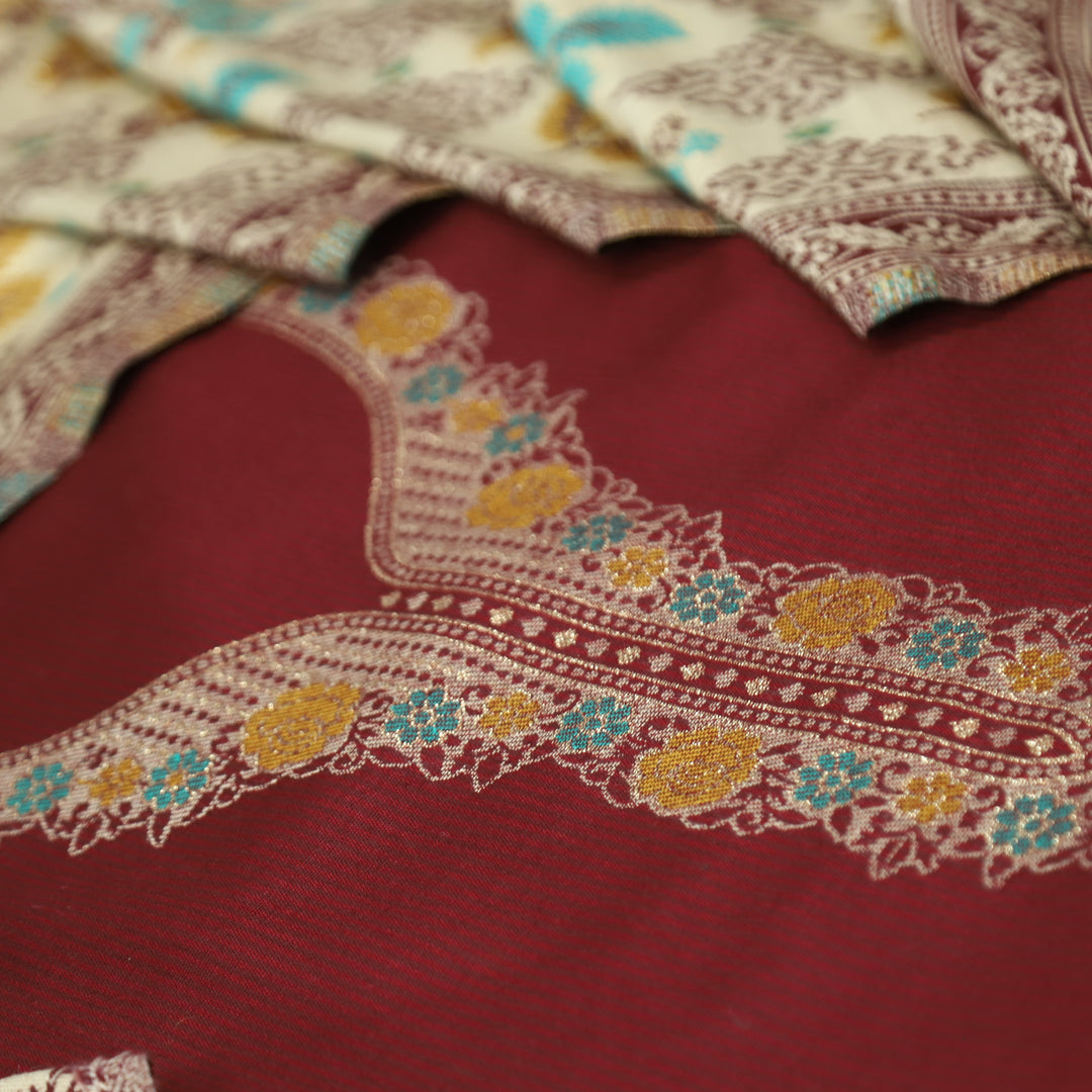 सोनिया Maroon Red Thread Weaved with Zari Work Semi Pashmina Winter Set