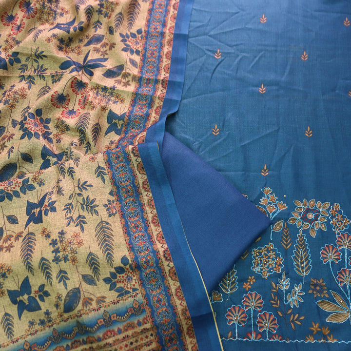 तमन्ना Denim Blue Balanced By Floral Printed and Aari Work Semi Pashmina Winter Set