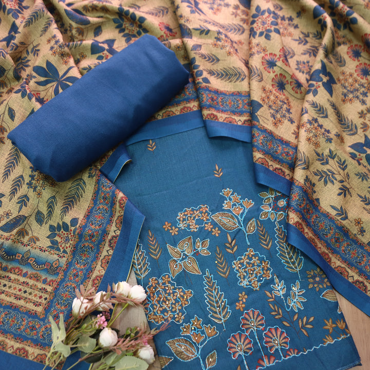 तमन्ना Denim Blue Balanced By Floral Printed and Aari Work Semi Pashmina Winter Set