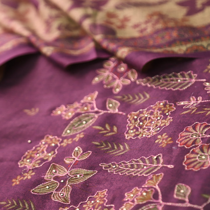 तमन्ना Raisin Purple Balanced By Floral Printed and Aari Work Semi Pashmina Winter Set