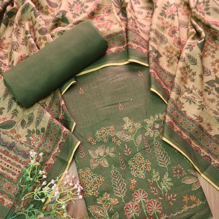 तमन्ना Forest Green Balanced By Floral Printed and Aari Work Semi Pashmina Winter Set