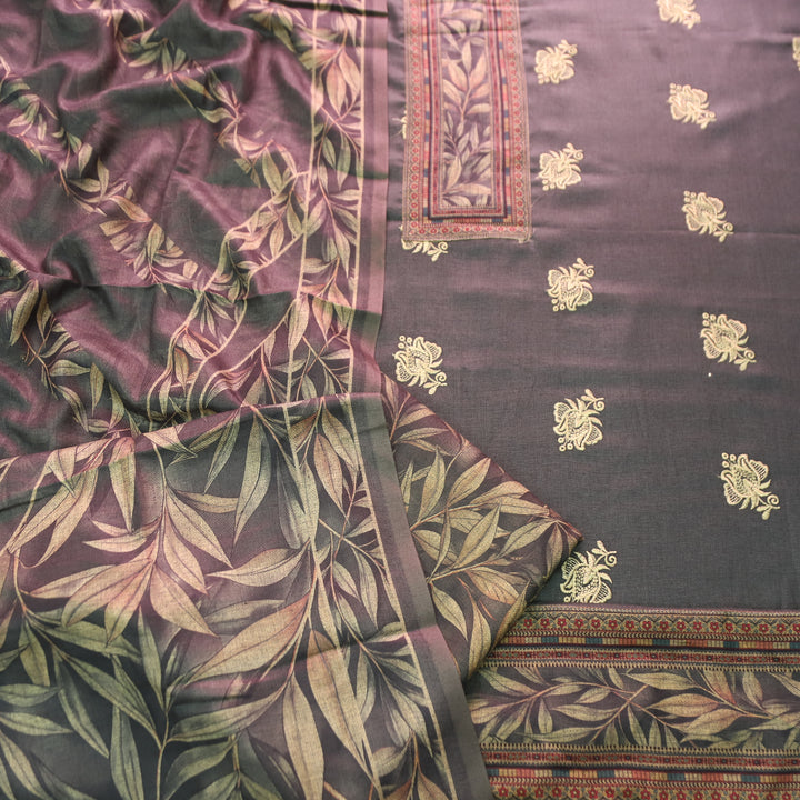 अंजना Charcoal Black Floral Print in Floral Embroidery Work Semi Pashmina Winter Set