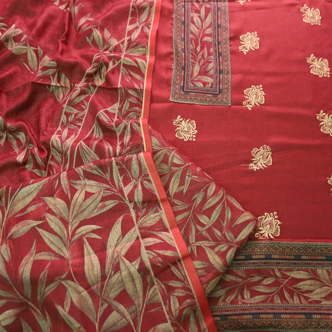 अंजना Mahogany Red Floral Print in Floral Embroidery Work Semi Pashmina Winter Set