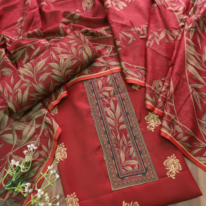 अंजना Mahogany Red Floral Print in Floral Embroidery Work Semi Pashmina Winter Set
