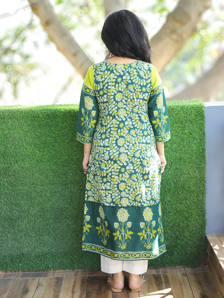 Palki Pine Green V Neck Mirror Work Kalamkari Floral Printed Cotton Kurti