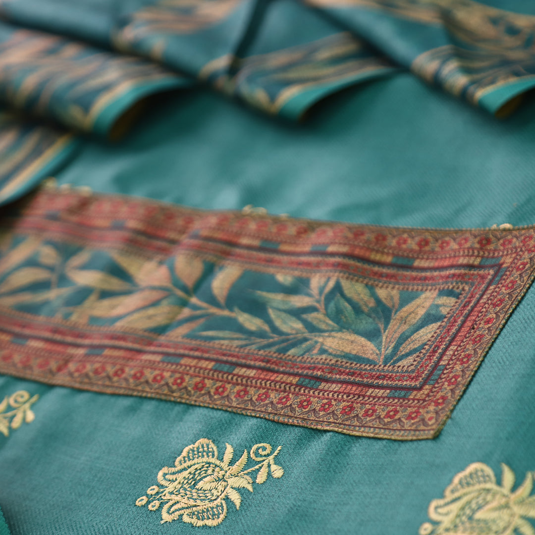 अंजना Teal Green Floral Print in Floral Embroidery Work Semi Pashmina Winter Set