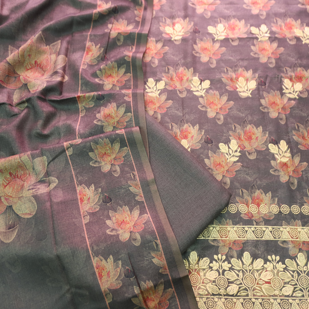 जस्सी Charcoal Black Floral Print in Embroidered Work Semi Pashmina Winter Set