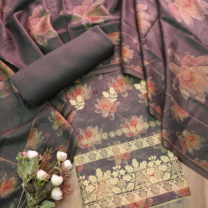 जस्सी Charcoal Black Floral Print in Embroidered Work Semi Pashmina Winter Set