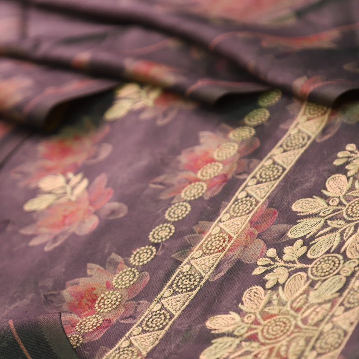 जस्सी Charcoal Black Floral Print in Embroidered Work Semi Pashmina Winter Set