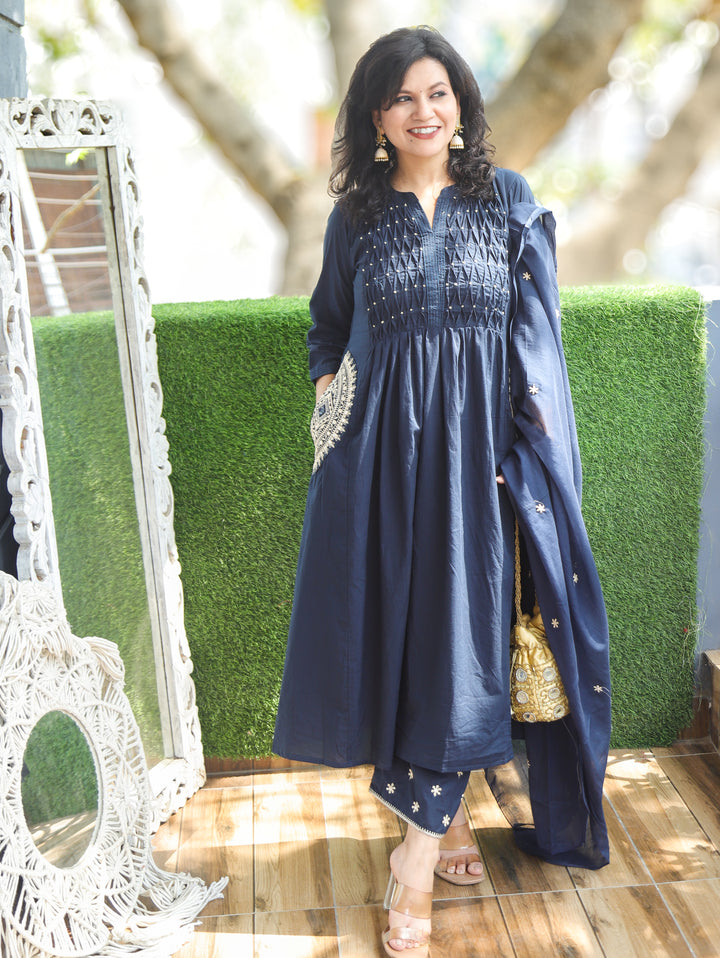 Shelly Navy Blue Pintuck Cotton 3 Piece Set