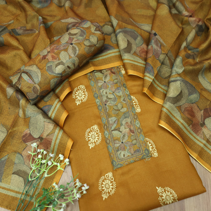 अपूर्वा Dijon Yellow Floral Print in Embroidery Floral Work Semi Pashmina Winter Set