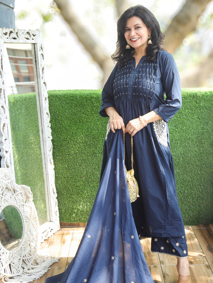 Shelly Navy Blue Pintuck Cotton 3 Piece Set