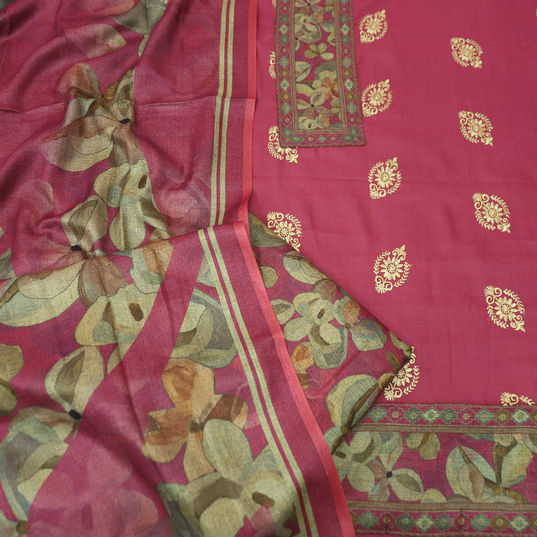 अपूर्वा Magenta Pink Floral Print in Embroidery Floral Work Semi Pashmina Winter Set