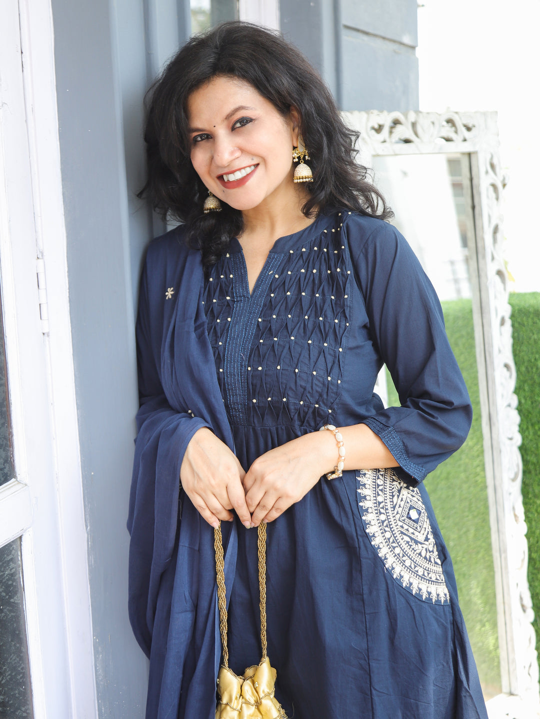 Shelly Navy Blue Pintuck Cotton 3 Piece Set