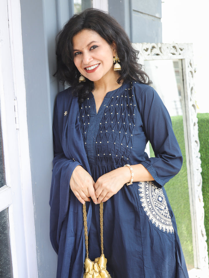 Shelly Navy Blue Pintuck Cotton 3 Piece Set