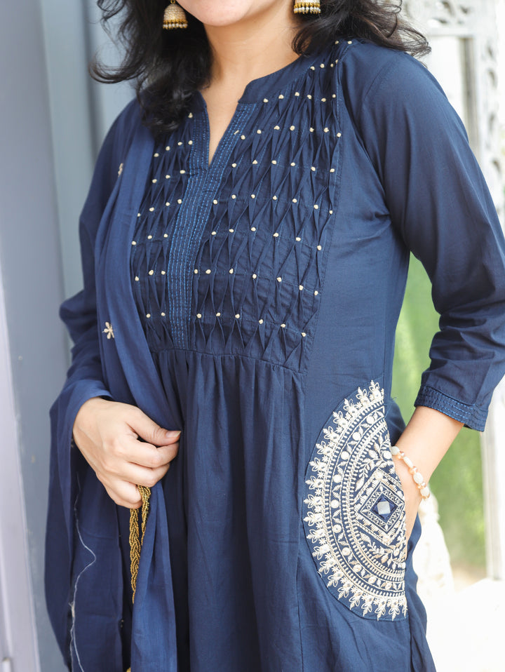 Shelly Navy Blue Pintuck Cotton 3 Piece Set