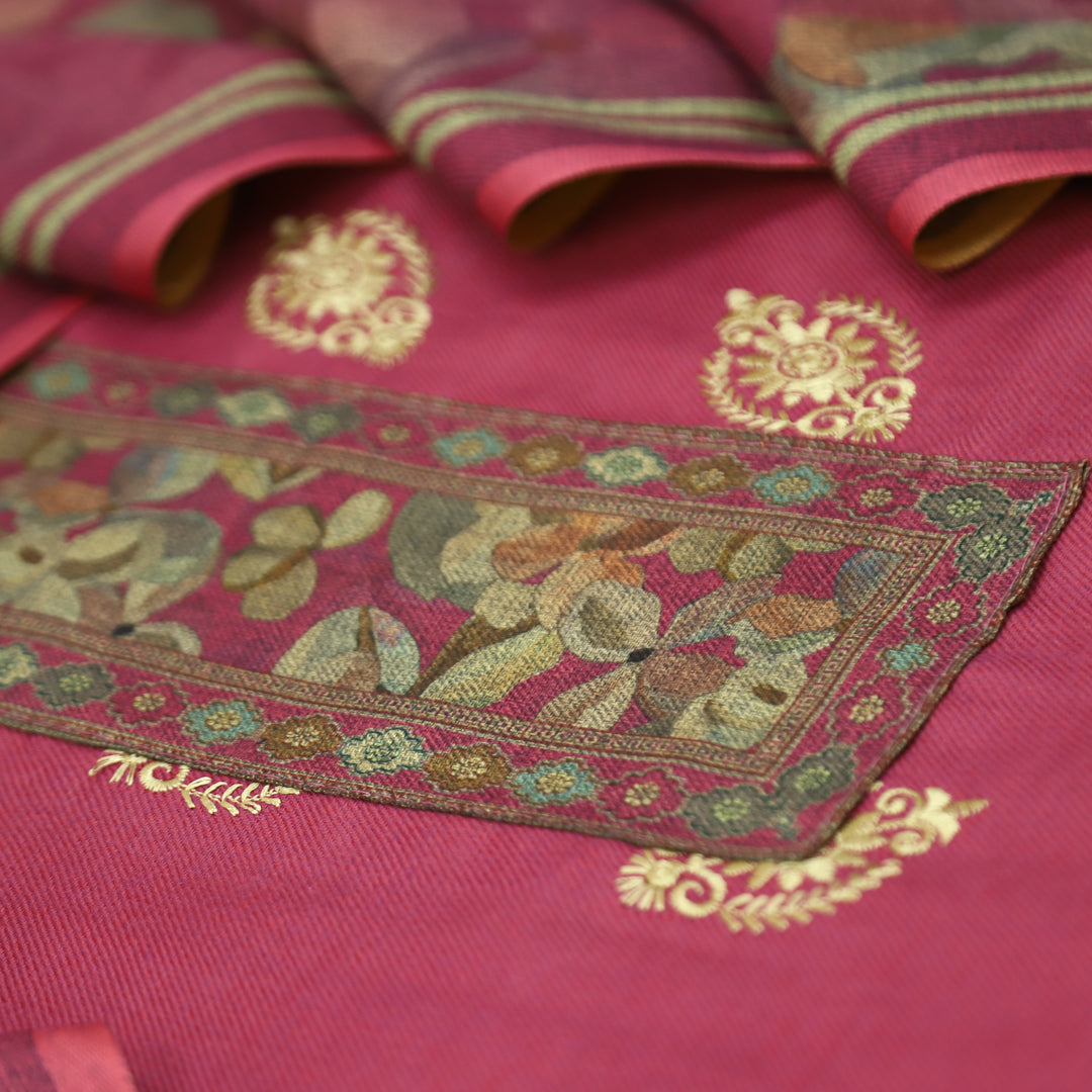 अपूर्वा Magenta Pink Floral Print in Embroidery Floral Work Semi Pashmina Winter Set